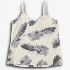 Kimchi Blue Womens Feather Print Sequin Camisole Top Cream Grey V-Neck Small‎ thumbnail 1