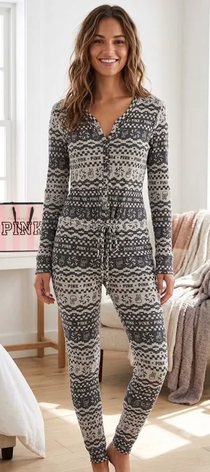 PINK Victoria's Secret Waffle Knit One-Piece Thermal Pajamas Onesie Medium thumbnail 1