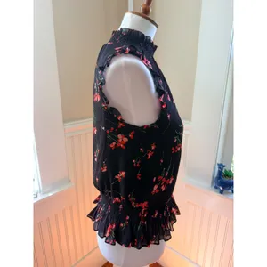 J.Crew Floral Smocked High Neck Ruffle Sleeveless Blouse Black Red Size 2 thumbnail 11