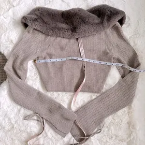 House of CB Fur Trim Knit Cashmere Crop Cardigan S - Camel / Dark Beige thumbnail 4