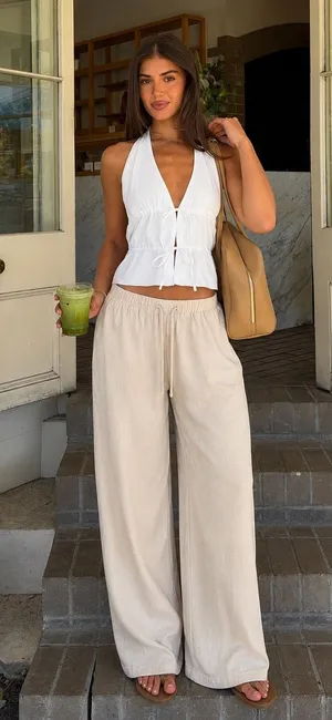 Vanilla Star Linen Blend Wide Leg Pull On Pants Beige Womens Small Casual thumbnail 1