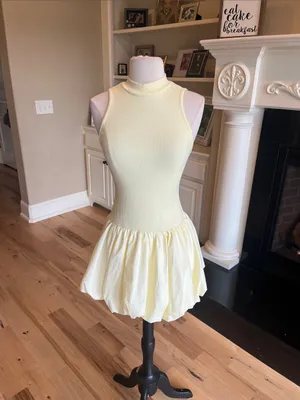 Sleeveless Pastel Yellow Bubble Hem Mini Dress Summer thumbnail 3