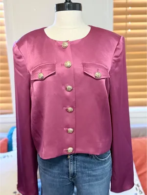 Cinq a Sept Mauve Satin Cropped Jacket Gold Crest Buttons Size 8 thumbnail 1