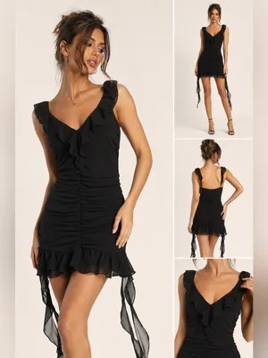 Justify Black Ruffled V-Neck Mini Dress with Sheer Ties thumbnail 2