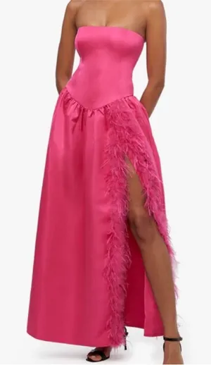 WeWoreWhat Hot Pink Strapless Feather Trim Slit Maxi‎ Dress Size 2 thumbnail 1