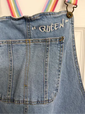 Denim Rainbow Stripe queen embroidered Overalls cut off Shorts women’s size XL thumbnail 4