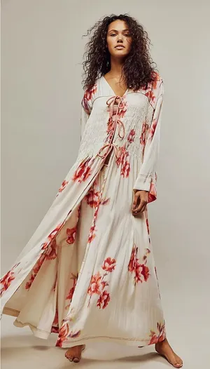 Free People Bright Blooms Maxi Robe M Boho Floral Tie Front Flowy Duster Kimono thumbnail 1