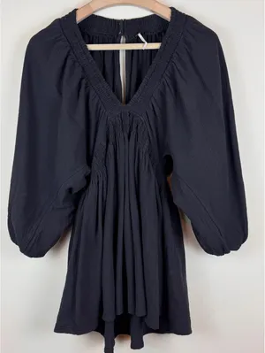 Free People For The Moment Mini Dress Black Cotton Boho Balloon Sleeve Size S thumbnail 4