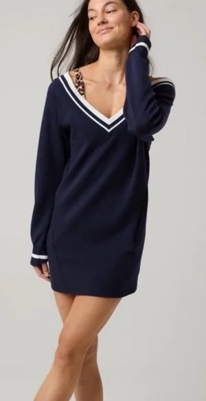 Offline by Aerie ChillUp Navy V-Neck Athleisure Dress with White Trim thumbnail 1