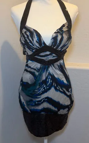 Bebe‎ 100% Silk Halter Mini Dress XS Turquoise Spotlight Y2K thumbnail 1