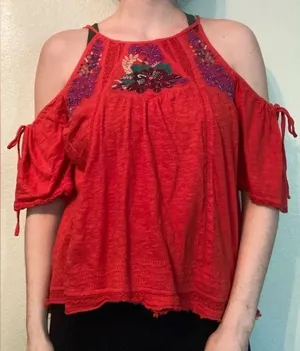 Free People Red Cold Shoulder Tunic Top High Low Hem Size Small Boho Flow Top thumbnail 1