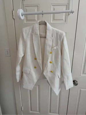 Zara White Textured Double-Breasted Blazer with Gold-Tone Buttons – Medium thumbnail 2