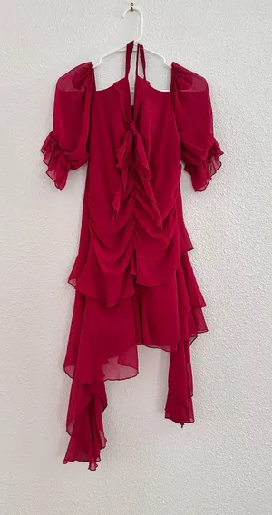 red ruffled ruched flowy salsa emoji asymmetrical dress thumbnail 1