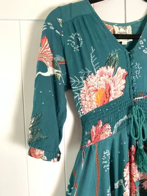 Jaase Maxi Dress XS Teal Floral Boho Autumn Wedding Guest Smocked V-Neck thumbnail 8