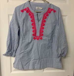 Vineyard Vines Blue White Striped Pink Embroidered Tunic Blouse Small Tie Sleeve thumbnail 1