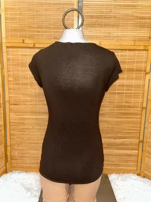 Ann Taylor brown twist front v-neck top short sleeve shirt size small stretchy thumbnail 3