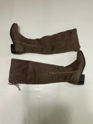 Women’s Brown Taupe Faux Suede Knee High Boots Size 8.5 Lace Up Side Zip Low Heel thumbnail 2