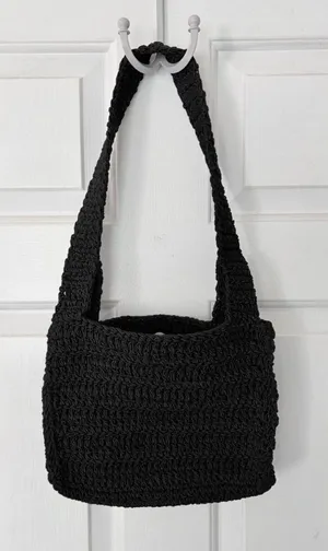 Black Chunky Knit Macrame Shoulder Bag Zip Close thumbnail 1