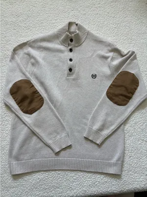 Chaps Ivory Mock Neck Henley Sweater Grandad Acadia Knit Suede Elbow Patch L thumbnail 2