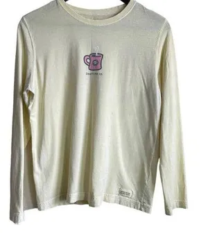 Life is Good Top Women Medium Yellow Coffee Start Me Up Graphic Pullover Cotton thumbnail 1