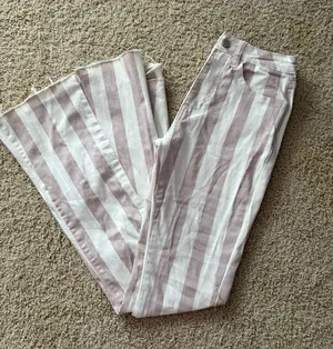 High Wasted Pink And White Striped Denim Boot Cut Jeans thumbnail 1