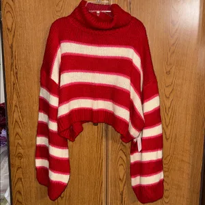 Altar’d State Red Cream Striped Cropped Sweater XL Cozy Cabin Turtleneck NWT thumbnail 2