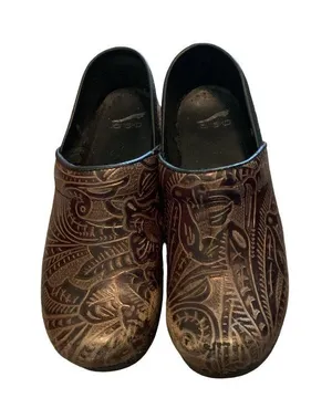Dansko Professional Tooled Leather Clogs Brown Floral Size 38 US 7.5-8 Comfort thumbnail 1