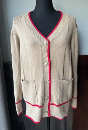 Beige Cardigan with Pink Trim V thumbnail 1