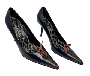 Dolce & Gabbana Black Leather Pointed Toe Lace Up Detail Leopard Pump 39 thumbnail 1