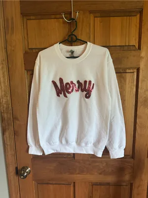 Merry Sequin Christmas Crewneck Sweater White with Red Accent size small! thumbnail 2