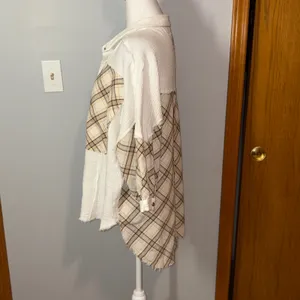 POL Plaid Button-Up Top Raw Hem gauzy‎ oversized Patchwork Shirt Small thumbnail 3