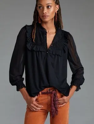 Anthropologie Black Victorian Lace Ruffle Trim Peasant Blouse Size XL Whimsigoth thumbnail 1