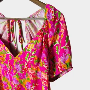 RESA Amber Floral Mini Dress‎ Size S Pink Puff Sleeve Open Back Tie thumbnail 5