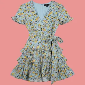 Lulus Floral Wrap Mini Dress Women S Light Blue Tiered Ruffle Sleeve Cottagecore thumbnail 2