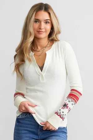 We The Free Cream Top with Red Patterned Sleeves Size XSMALL thumbnail 1