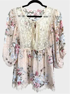 POL Floral Print Lace Detail 3/4 Sleeve Sheer Top Size S thumbnail 1