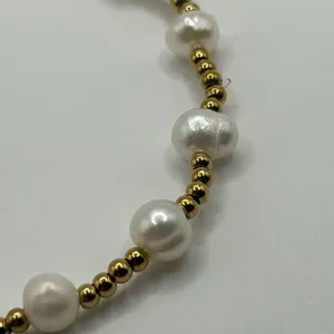 Womens Freshwater Pearl Gold Bead Stretch Bracelet 18k Plated Saphir Gift New thumbnail 5