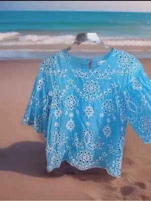 Sky Blue Eyelet Top Scalloped Bell Sleeves Studio JPP Womens Medium thumbnail 7
