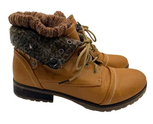 Refresh Wynne-01 Combat Boots Faux Fur Knit Cuff Lace Up Women's 8.5 Tan Winter thumbnail 1