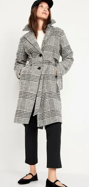 Old Navy | Black & White Plaid Belted Trench Coat | Women’s Size Large thumbnail 1