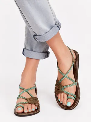 Plaka Size 7 Brown Turquoise Braided Rope Flat Sandals Bohemian Outdoors Beach thumbnail 2