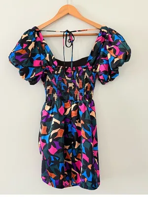 Show Me Your Mumu Danielle Mini Dress Geometric Multicolored Puff Sleeve Size M thumbnail 10