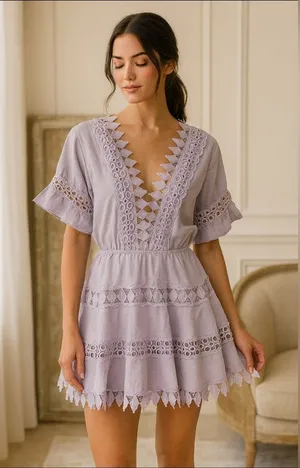 Peixoto Ora Lavender Eyelet Lace Cotton Mini Dress Flutter Sleeve Boho Resort S thumbnail 1