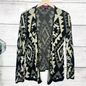 Say What? Black & Cream Aztec Open Front Cardigan Sweater Size Large Southwest thumbnail 2