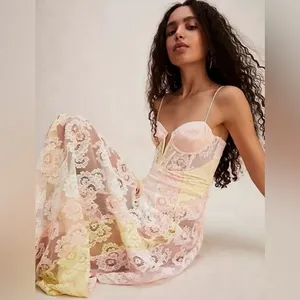 For Love & Lemons Lace Floral Maxi Gown Pastel Multi Pink Yellow NWT M thumbnail 4