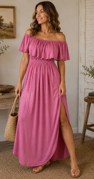 Pink Ruffle Off Shoulder Maxi Dress Boho XL Summer Romantic Vacation thumbnail 1