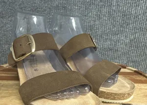 Bio Green Spain Wedge Slide Sandals Sz 40 Brown Leather Dual Suede Buckle Straps thumbnail 1