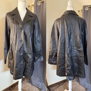 Centigrade Leather Coat women‎ L Black Floral Lining Mid Length Jacket vintage thumbnail 6