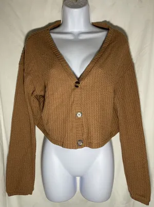 ROMWE Brown Waffle Knit Cropped Cardigan Sweater Women's Size L Large Boho Cozy thumbnail 1