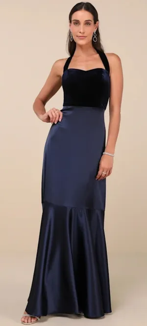 NWOT Lulus Mesmerizing Impression Navy Velvet Satin Halter Maxi Dress Size S thumbnail 1